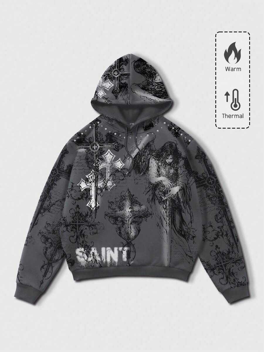 ROMWE MEN Goth Men's Hooded Cross And Angel Print Long Sleeve Sweatshirt, Fall/Winter - Grey - View 1