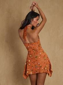 SHEIN PETITE Women's Orange Sequin Sexy Backless Asymmetrical Hem Mini Dress, Sleeveless Halter Neck Party Vacation Dress, Fashionable Versatile Cocktail Dress For Party, Vacation, Music Festival - Multicolor - View 3