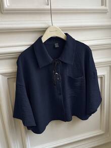 SHEIN EZwear Summer Drop Shoulder Pocket Patched Shirt Without Cami Top - Navy Blue - View 4