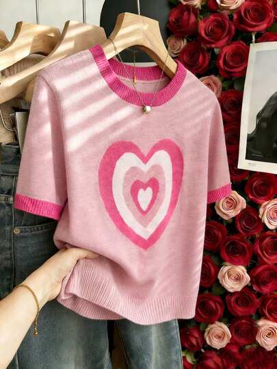 Chiquease New Spring/Summer Pink Girly Casual Sweet Element Round Neck Ombre Heart Pattern Pink & White Contrast Color Layered Cuff Ribbed Trim Sweet Design Cute Date Valentine's Day Romantic Short Sleeve Soft Girl Style Petite Summer Pure Cute Gentle Lady Knit Pullover Sweater Cute Tops Y2k Pink Graphic T Shirt Cute T Shirt Heart Shirt Pink Y2k Top Valentine's Day Pink Graphic Tee Cute Pink Tops Cute Short Sleeve Tops Cute Casual Tops Pink Short Sleeve Tops Cute Pink Short Sleeve Top Pink Heart Top Cute Y2k Top