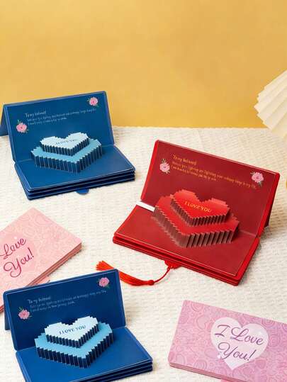 Joivida 1Pc 3 Colors Heart-Shaped 3D Pop-Up Cards Stylish Creative Confession Cards Romantic Ritual Greeting Cards For Couples (Red/Blue/Pink)