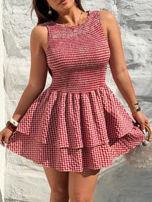 Sunnyshic Fashionable Minimalist Spring/Summer New Versatile Round Neck Red Plaid Gentle Elegant Fitted Waist Sleeveless Dress - Red - View 3