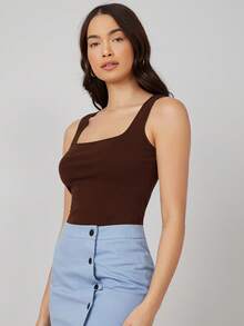 SHEIN BASICS Camiseta de tirantes de cuello cuadrado unicolor - Marrón - Ver 4