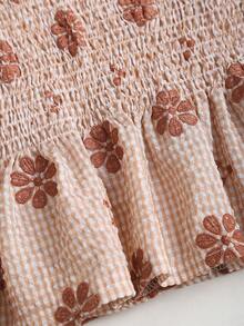 Sweetra Khaki Plaid Embroidered Sleeveless Bow Tie Strap Bohemian Style Summer Women Shirt - Coffee Brown - View 3