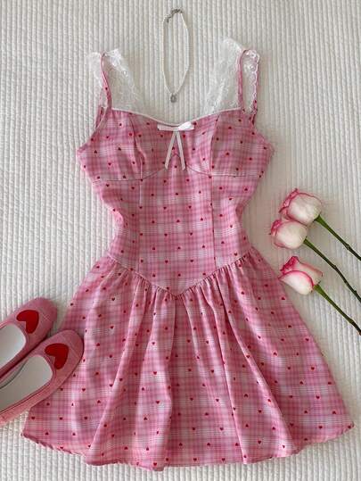 Comfortcana Women's Casual Plaid Heart Print Camisole Mini Dress, Summer  Summer Dress Outfits For Women Spring Spring Break Outfits   Spring Clothes Women  Vacation Graduation  Women  Wedding   Party  Ceremony  Elegant  Vacation Outfits Casual Casual Women's   Outfits    Pink Dress  Pink Bow Paid And Red Hearts  Graphic Dress Y2K  2000s Style Cute  Dress, Valentine's Day, Carnival, Beach, Holiday, Home Leisure, Street, College Dress