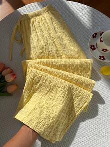 Elamini Quần dài nữ màu vàng cotton nhăn, cạp thấp, ống đứng, có dây rút, túi, kiểu dáng giản dị, tối giản, đa năng cho mùa xuân/hè, đi nghỉ mát, ở nhà, ngoài trời. - Màu vàng - Xem 2