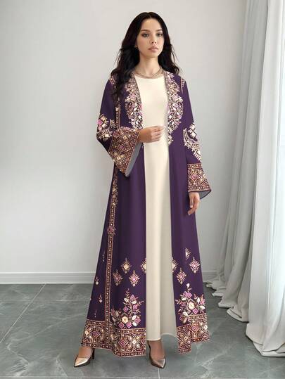 SHEIN Najma 女士菱形几何复古图案数码印花休闲长袖阿拉伯长袍开衫外套，春秋季