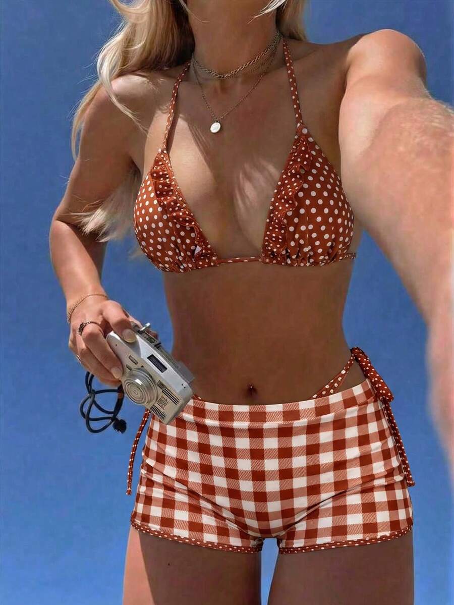 Swim Mod 3pcs Women's Beach Swimsuit Set, Polka Dot Print Triangle Ruffle Bikini Top With Spaghetti Straps, Paired With Plaid Print Swim Shorts - Multicolor - View 1