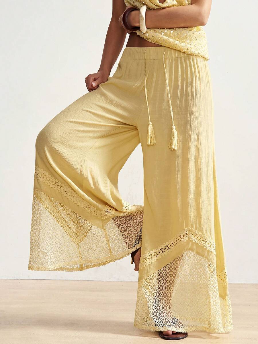 Bohemela Pantalones anchos de pierna ancha, sueltos y tejidos de unicolor para mujer - Amarillo - Ver 1