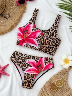 Tween Girls Casual Minimalist Leopard Print, Hibiscus, Lily Floral Print Beach Vacation Style Bikini Swimsuit Set, Suitable For Summer