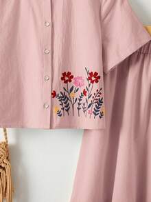 SHEIN 少女粉色花卉印花短袖衬衫搭配裙子，田园风与假日风情 - 粉色 - 查看 4