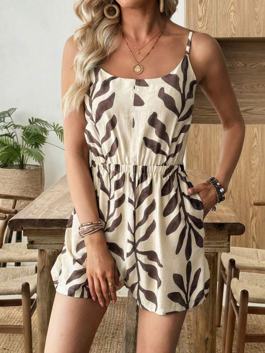 Selamara 女士全印花斜插口袋休闲连体裤 - 米色 - 查看 1