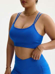 Rhythm Era Plus Size Women Seamless Criss-Cross Back Sports Bra, Fashionable Solid Color - Royal Blue - View 4