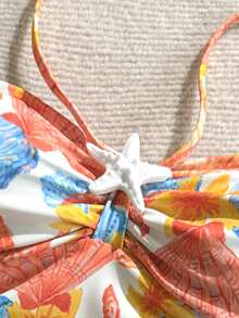 Soleia Women's Vacation Starfish Print Ruched Textured Halter One-Piece Swimsuit - Multicolor - View 5