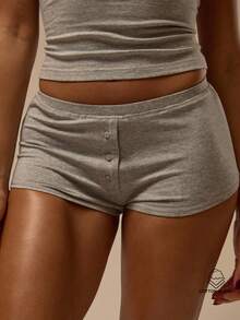 MUSERA ESSENTIALS Button Front Fitted Elasticated Waist Cotton Mini Shorts Coord Bottoms Only  Winter Cosy Lounge Cute Everyday Lounge Essential - Grey - View 1