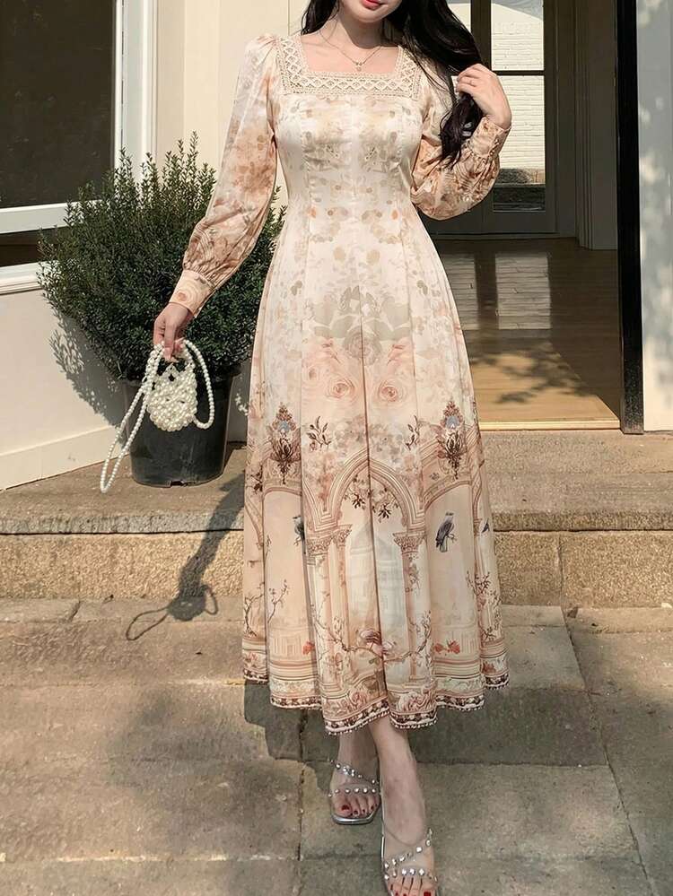 Spring & Summer Geometric Floral Retro Print Pink Casual Vacation Beach Waist Cinched Elegant Commute Hollow Lace Splice Square Neck Women Mid-Length Dress Sundress