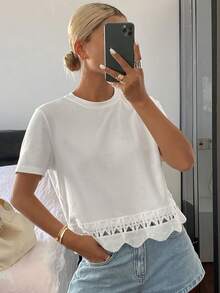 Livesso Áo thun nữ cổ tròn tay ngắn màu trơn phối ren vá đơn giản mùa hè - trắng - Xem 7