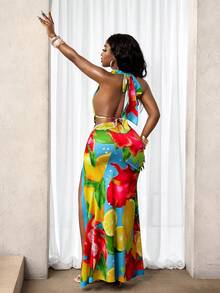 BamGleam 女士性感深V露背上衣和高开衩裙两件套，夏季度假 - 彩色 - 查看 2