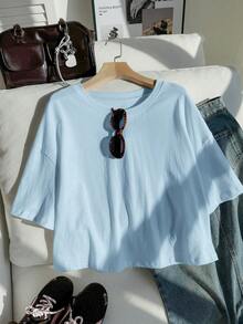 SHEIN Comfortcana 大码女式夏季休闲日常通勤简约纯色落肩宽松T恤 - 藍色 - 查看 5