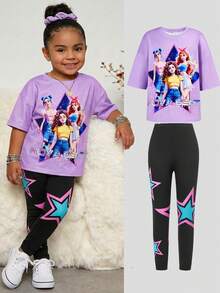 SHEIN 2件套少女KPOP女团印花宽松T恤+针织裤，休闲时尚百搭，适合派对、郊游、与朋友拍照、公园、露营、度假、日常休闲穿着 - 紫色 - 查看 1