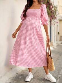 SHEIN Maternity Plaid Print Square Neck Casual Versatile Dress, Summer Holiday Outfits , Summer Outfits, Summer Clothes - Pink - View 6