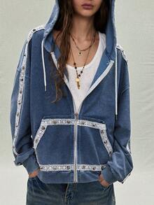 SoleilVie 女士连帽水洗做旧牛仔布效果花卉蕾丝铆钉复古夹克 - 藍色 - 查看 1