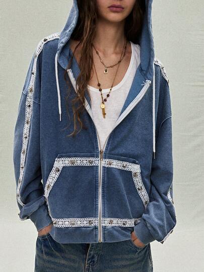 SoleilVie Women's Hooded Washed Distressed Denim Effect Floral Lace Rivet Vintage Jacket