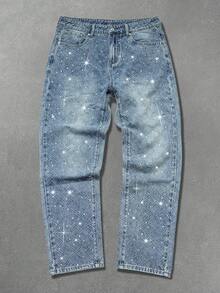 Manfinity EMRG Men's American Street Fashion Diamond Distressed Design Rhinestone Embellished Washed Straight Leg Jeans - Light Wash - View 4