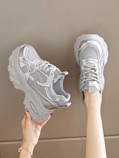 Tenis De Plataforma Con Cuña Blancos Cómodos Y Transpirables Para Mujer, Tenis Casuales Color Caqui Elegantes Y Versátiles Para Mujer, Zapatos De Punta Redonda Con Cordones, Suela Antideslizante Y Resistente Al Desgaste, Adecuadas Para Deportes Al Aire Libre, Estilo Callejero Y Viajes.