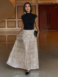 DAZY High Neck Cinched Waist Sequin Embellished Midi Dress For Women Sparkly Dress Sundress - Silver - View 4