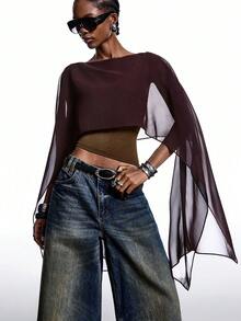 LYSMO 女士时尚通勤不对称下摆短款T恤 - 咖啡棕 - 查看 4