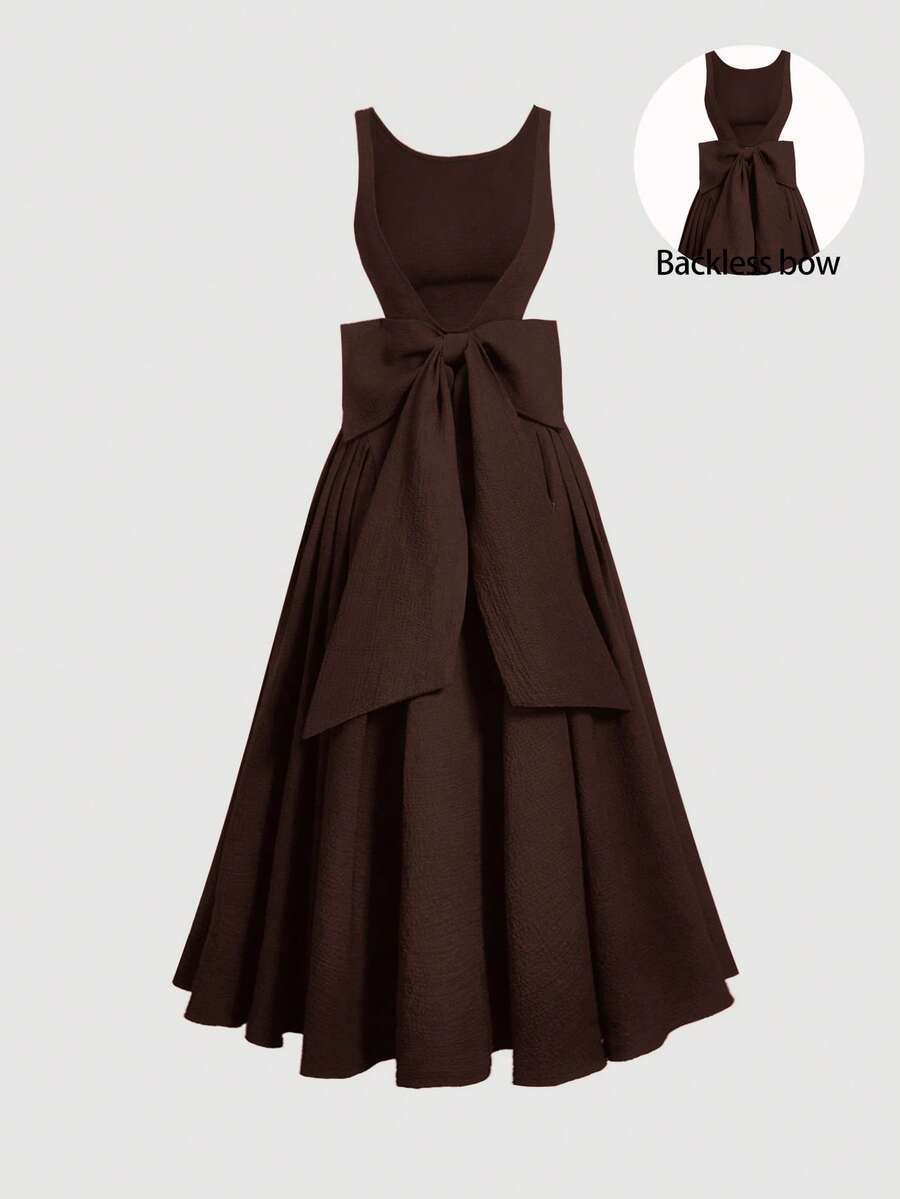 SHEIN MOD 露背蝴蝶结A字中长连衣裙，婚纱，约会礼服，情人节礼服 - 咖啡棕 - 查看 1