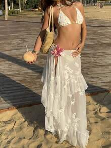 SHEIN SunnyBelle Women's White Embroidered Self-Tie Ruffle Hem Skirt, Romantic Elegant Beach Holiday Summer Skirt, Fashionable Irregular Hem Beach , Spring/Summer, White, Valentine's Day - White - View 3