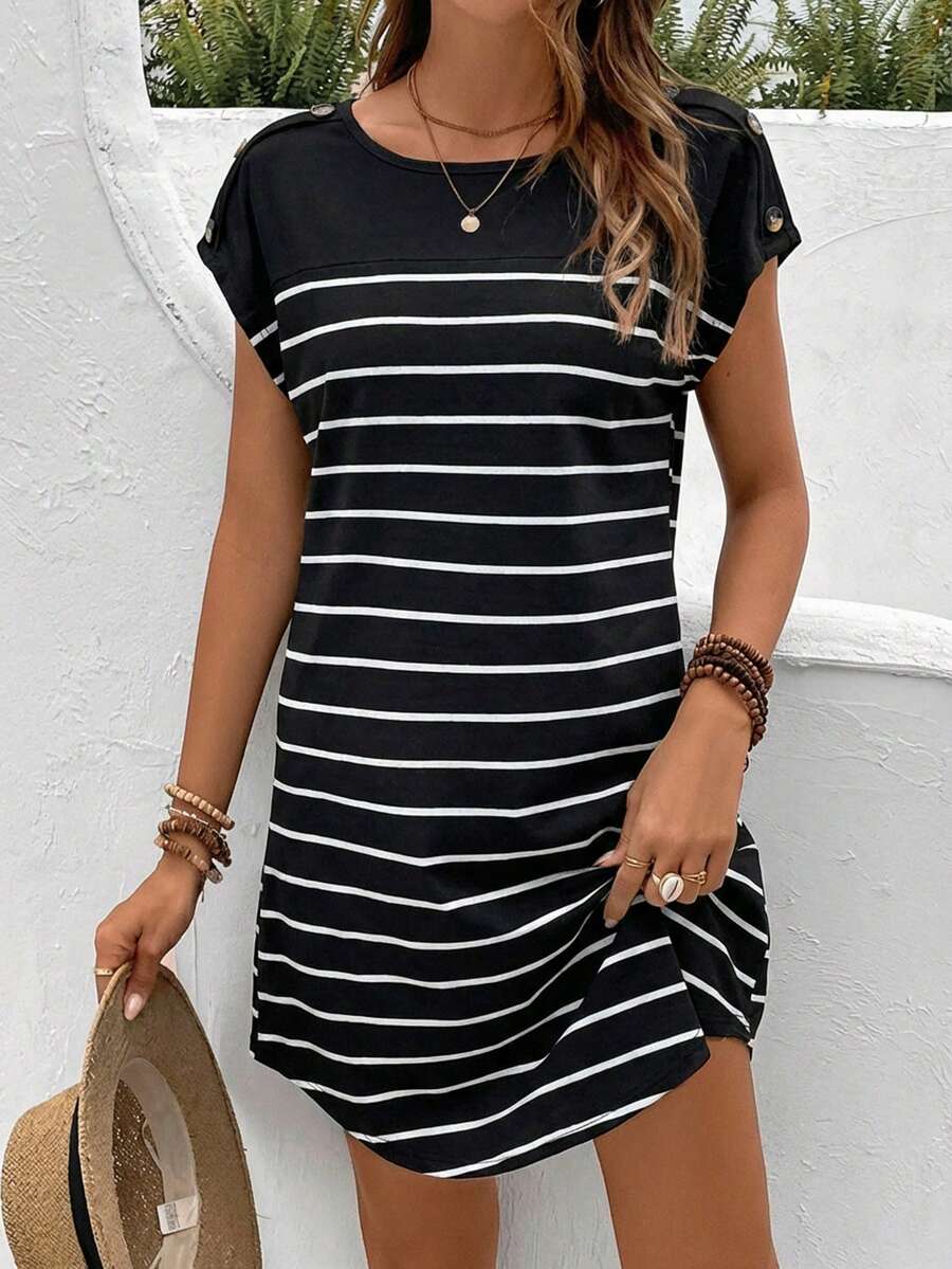 SHEIN Frenchy Striped Print Botton Short Batwing Sleeve Tee Dress,Black Dress For Women - Black - View 1
