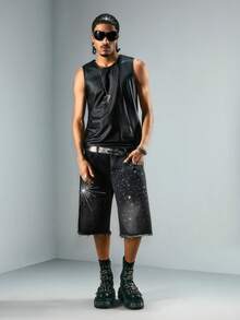 ROMWE MEN Street Life Spring/Summer Casual Graphic Men'S Contrast Color Rhinestone Pocket Fashionable Versatile Casual Commuting Denim Shorts - Black - View 12