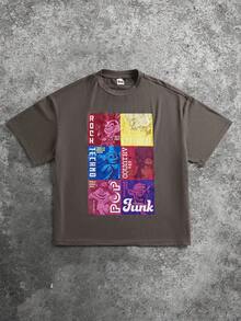 SHEIN Trolls Herr-t-shirt med rund hals och kort ärm, bokstäver och tecknad grafik - Kaffebrun - Visa 1