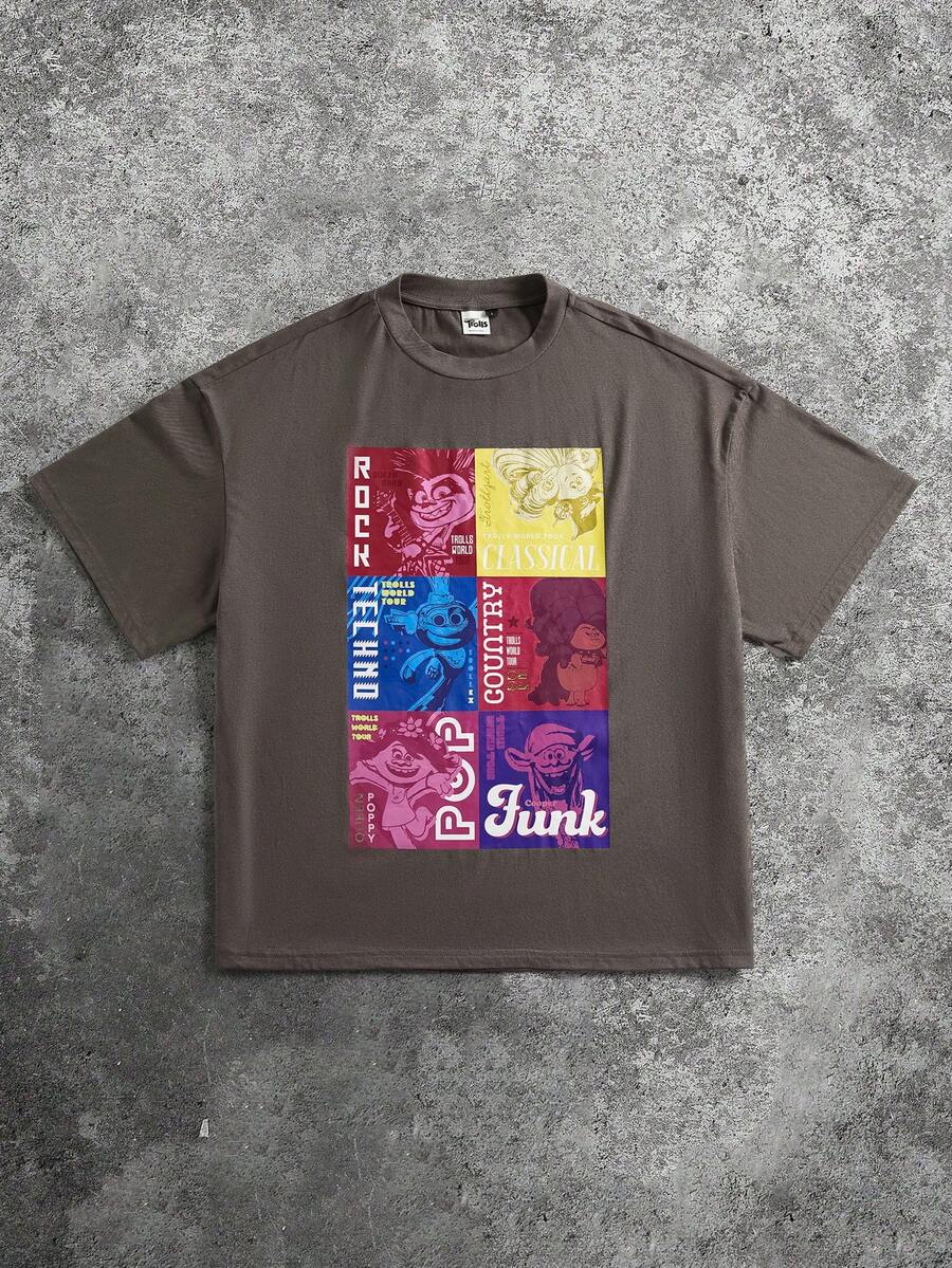 SHEIN Trolls Herr-t-shirt med rund hals och kort ärm, bokstäver och tecknad grafik - Kaffebrun - Visa 1