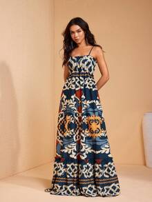 JIAN LASALA All-Over Print Spaghetti Straps Bustier Top Ruffled A-Line Loose Women Maxi Dress Boho Vacation - Multicolor - View 4