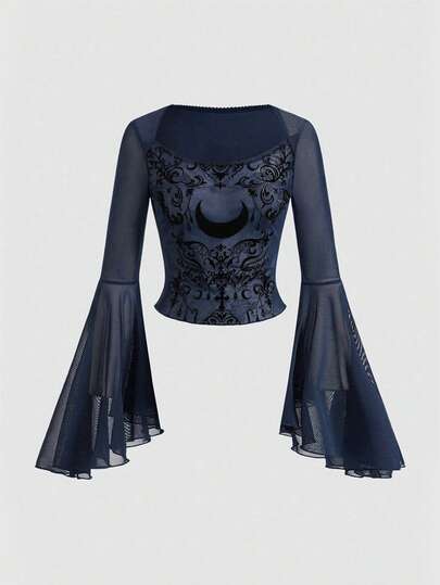 ROMWE Goth Dark Vintage Palace Vine & Moon Pattern Flocked Sheer Mesh Blouse For Women