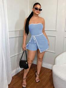 SHEIN SXY 女士夏季休闲撞色滚边抹胸连体衣 - 藍色 - 查看 5