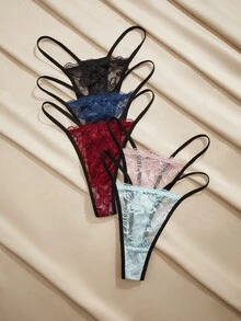 Charlaine 5pcs/Set Sexy Women's Lace Thong Panties, Romantic Ladies Underwear - Multicolor - View 1