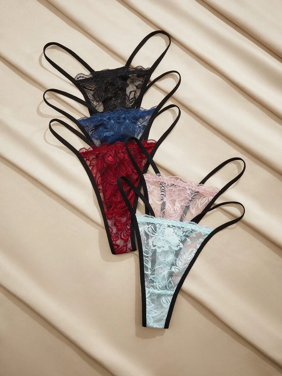 Charlaine 5pcs/Set Sexy Women's Lace Thong Panties, Romantic Ladies Underwear - Multicolor - View 1