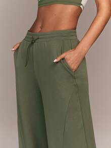 Menodora SHEIN Sport Women's Solid Color Drawstring Waist Pockets Wide Leg Loose Casual Sweatpants - Army Green - View 3