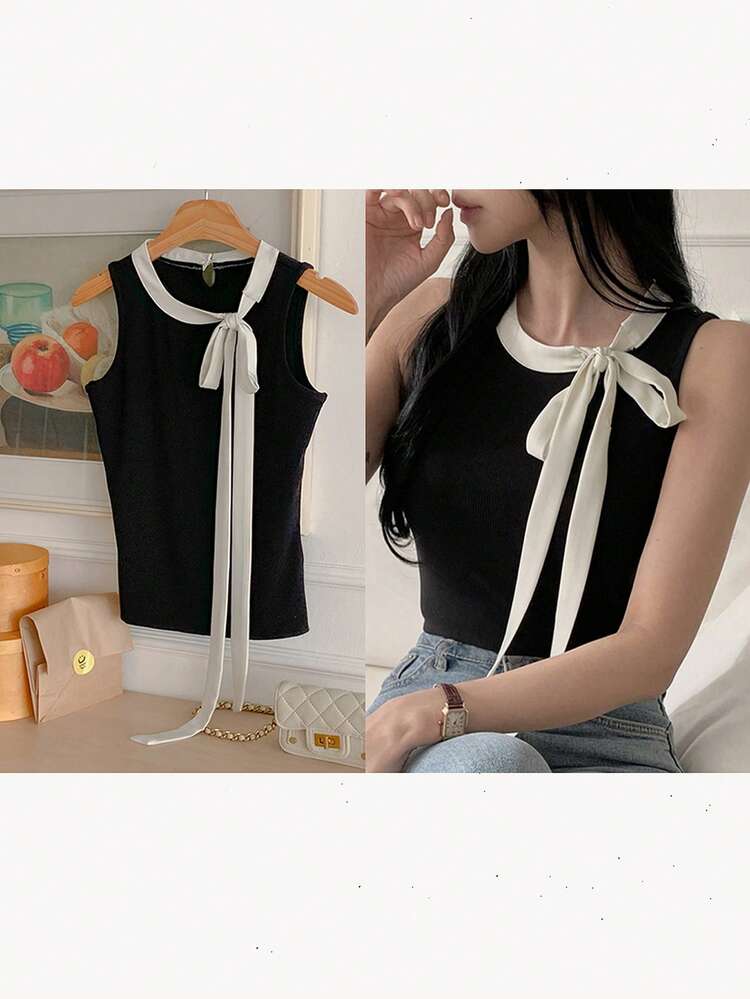 Women's Elegant Contrast Color Knot Collar Sleeveless Fitted Top, Suitable For Work And Commute In Summer