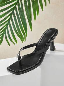 SHUZIA Women's Minimalist Comfortable Square Toe Thong Strap Heeled Sandals - Black - View 7
