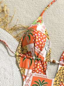 Soleia 女士橄榄绿针织提花纹理V领露背挂脖连体泳衣，海滩度假 - 彩色 - 查看 4