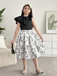 SHEIN Firerie Kids 少女纯色无袖上衣和碎花裙套装，可爱休闲日常百搭 - 彩色 - 查看 3