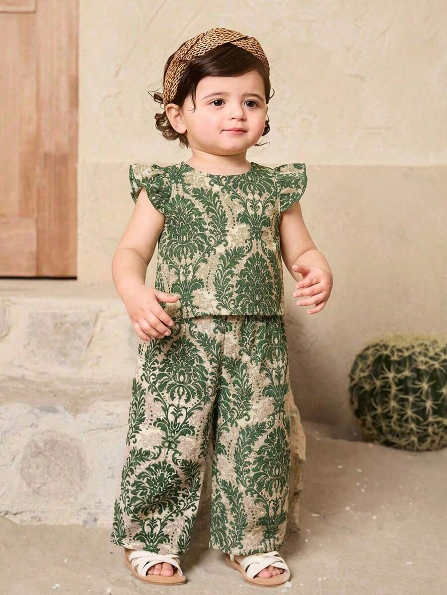 SHEIN Baby Girl Casual Floral Print Ruffle Armhole Top And Wide Leg Pants Set, Spring/Summer/Autumn - Green - View 1