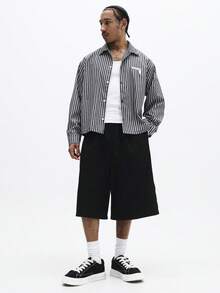 SUMWON Shorts Denim Larga com Cintura Elástica, Estilo Casual de Verão - Preto - Visão 3