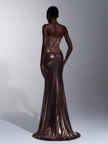 Elitara Saia Sereia Elegante e Luxuosa de Renda com Paetês e Contas, Revestida Elasticamente, Adequada para Casamentos, Festas, Férias, Bailes, Ocasiões Formais - Café - Visão 4